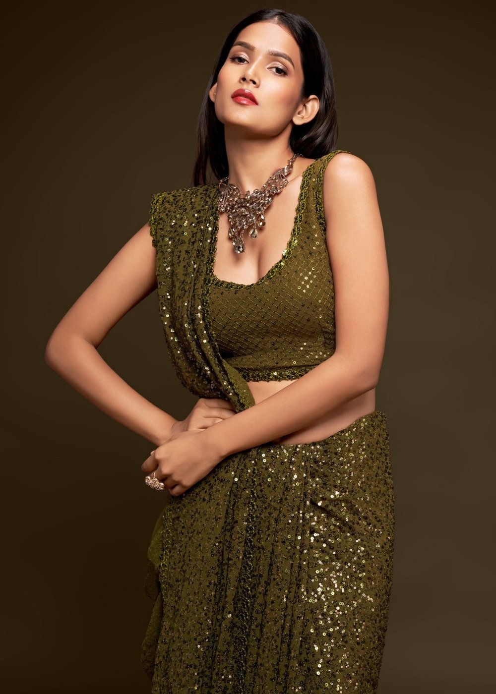 Buy MySilkLove Iroko Green Georgette Partywear Saree Online