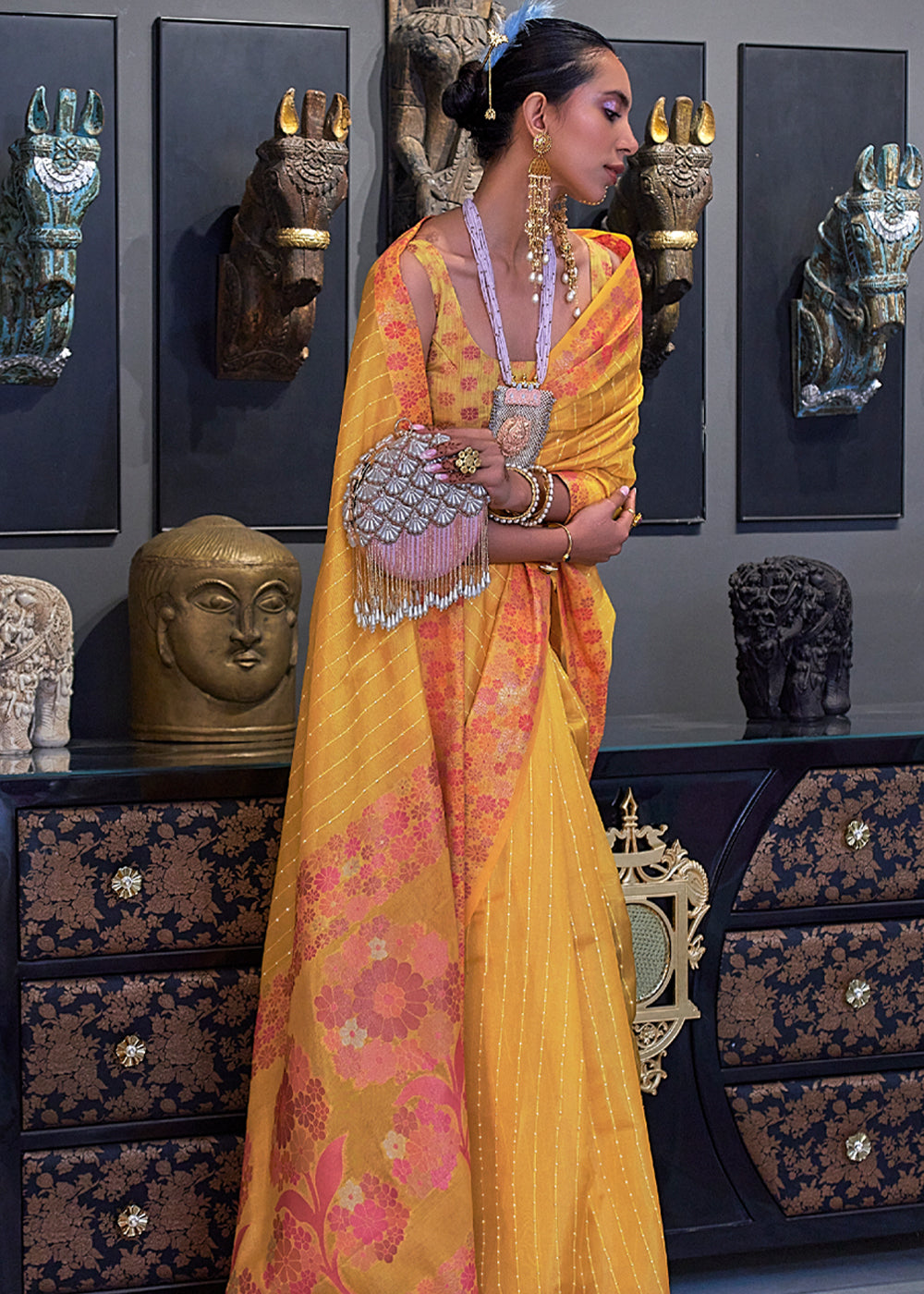 Buy MySilkLove Goldenrod Yellow Woven Dual Tone Organza Banarasi Silk Saree Online