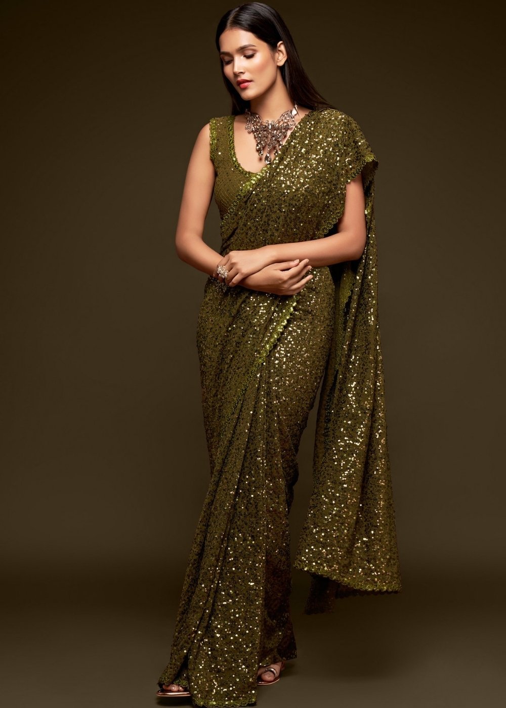 Buy MySilkLove Iroko Green Georgette Partywear Saree Online