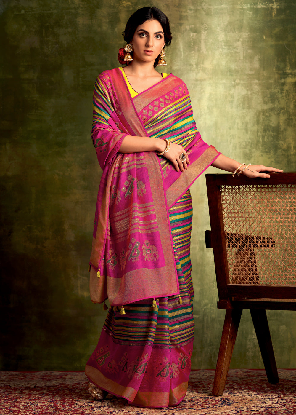 Buy MySilkLove Tulip Pink Green Multicolored Banarasi Printed Saree with Embroidered Blouse Online