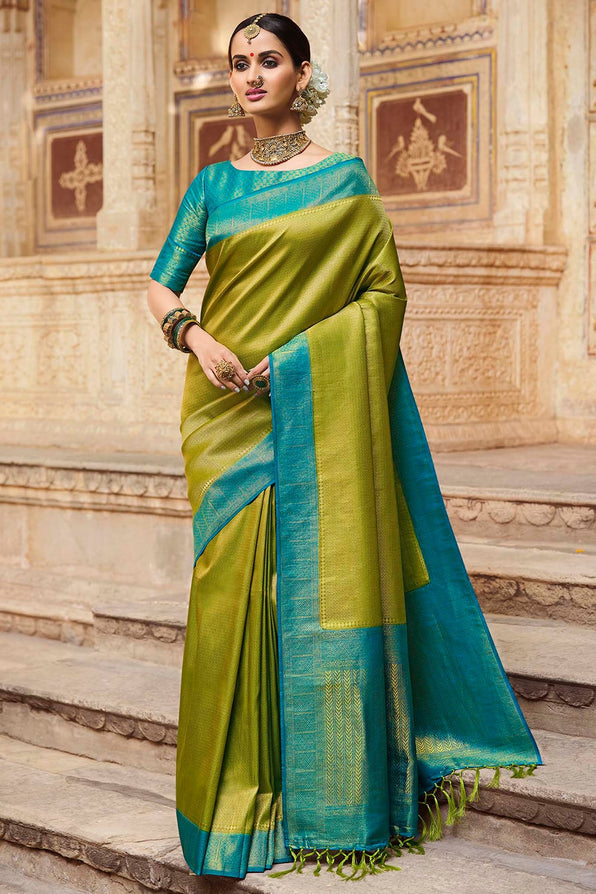 Buy MySilkLove Lemon Ginger Green and Blue Zari Woven Kanjivaram Saree Online