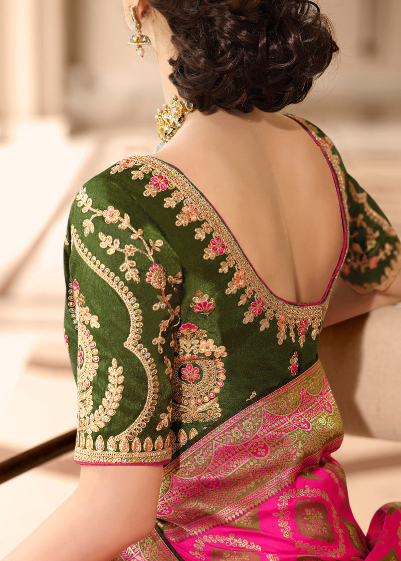 Geraldine Pink and Green Woven Designer Banarasi Silk Saree