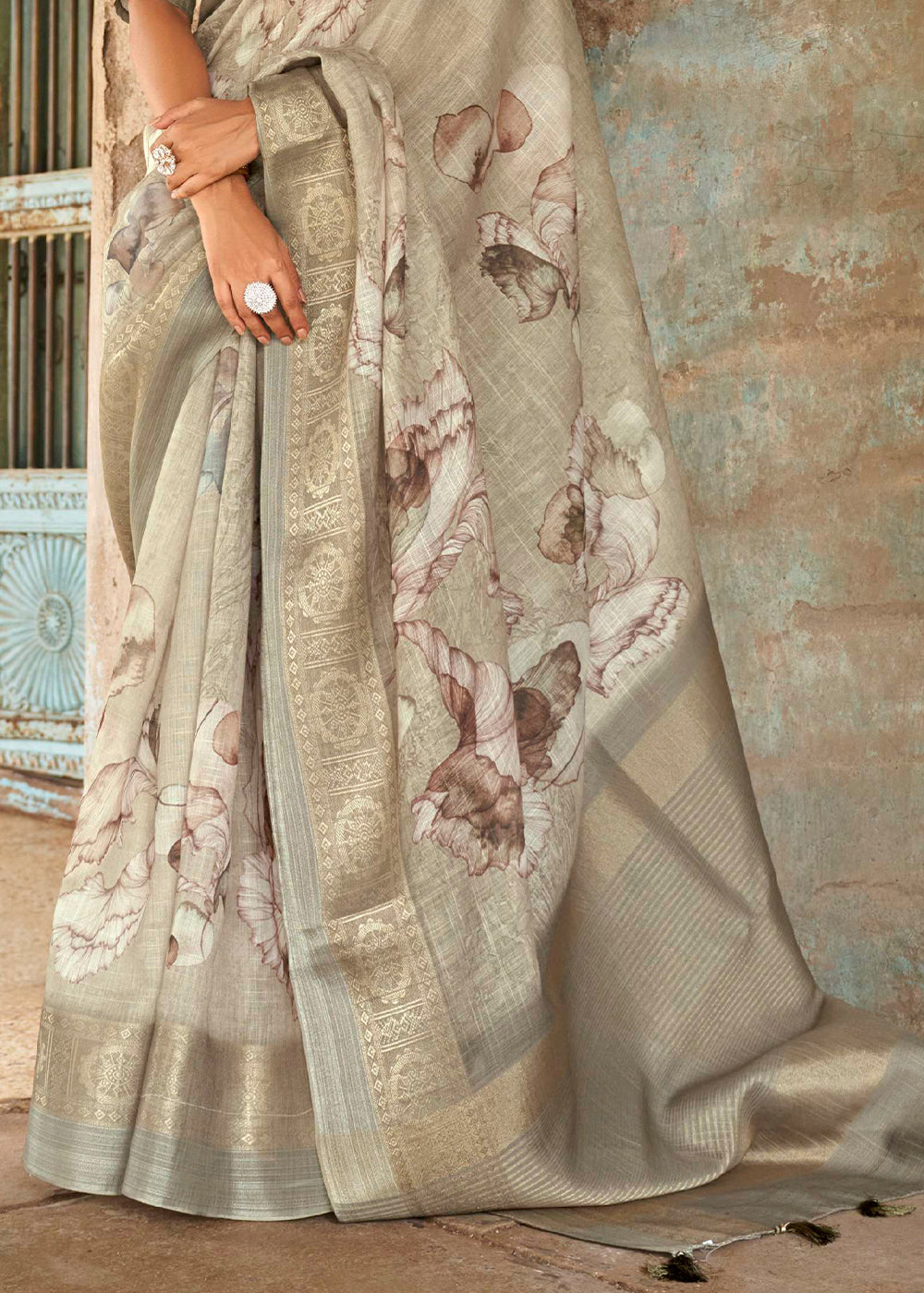 Buy MySilkLove Mongoose Light Grey Floral Printed Linen Silk Saree Online