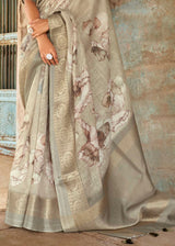 Mongoose Light Grey Floral Printed Linen Silk Saree