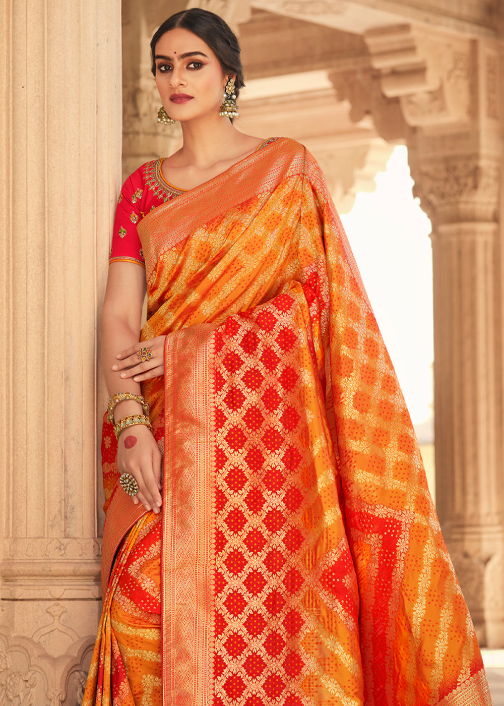 Buy MySilkLove Texas Orange and Red Zari Woven Banarasi Saree with Designer Blouse Online