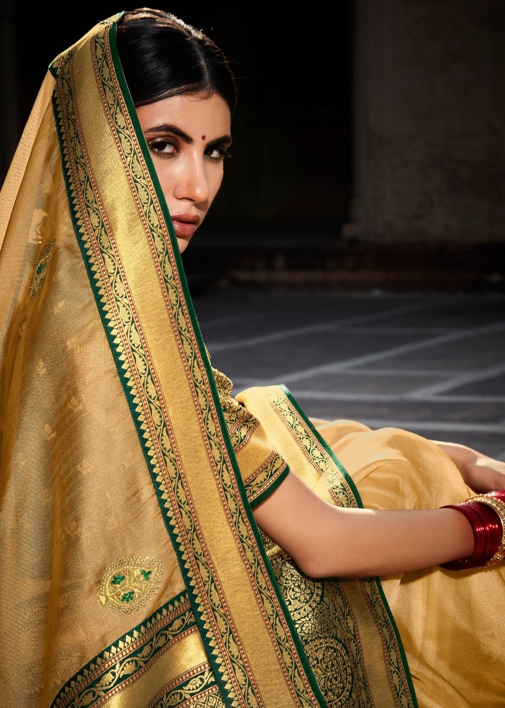 Buy MySilkLove Tussock Cream and Green  Zari Woven Banarasi Silk Saree Online