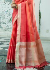 Pearl Red Zari Woven Linen Saree