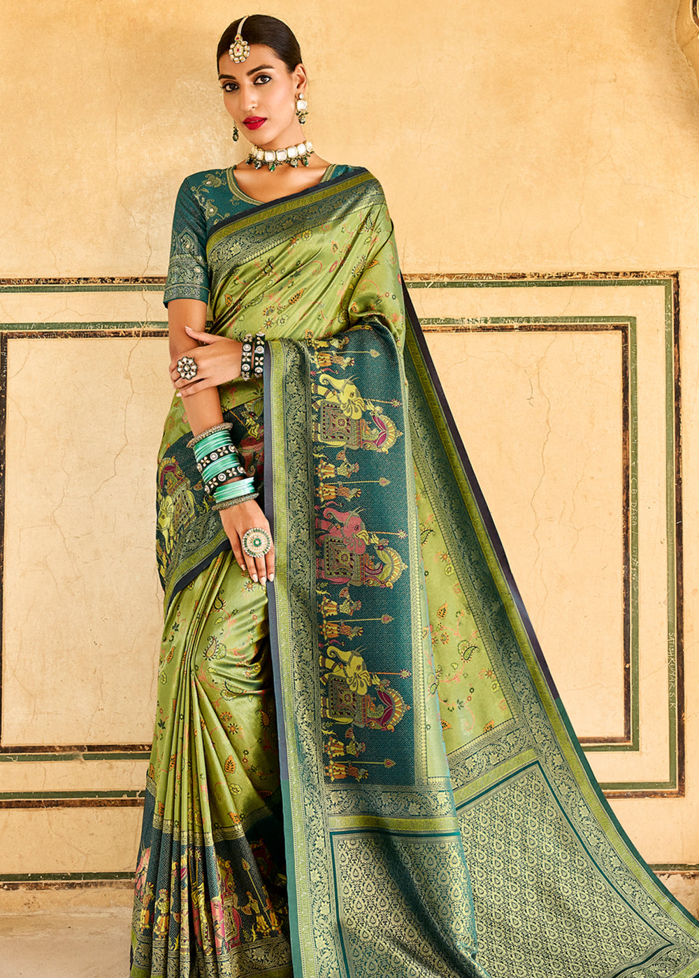 Buy MySilkLove Barley Green Designer Banarasi Saree Online