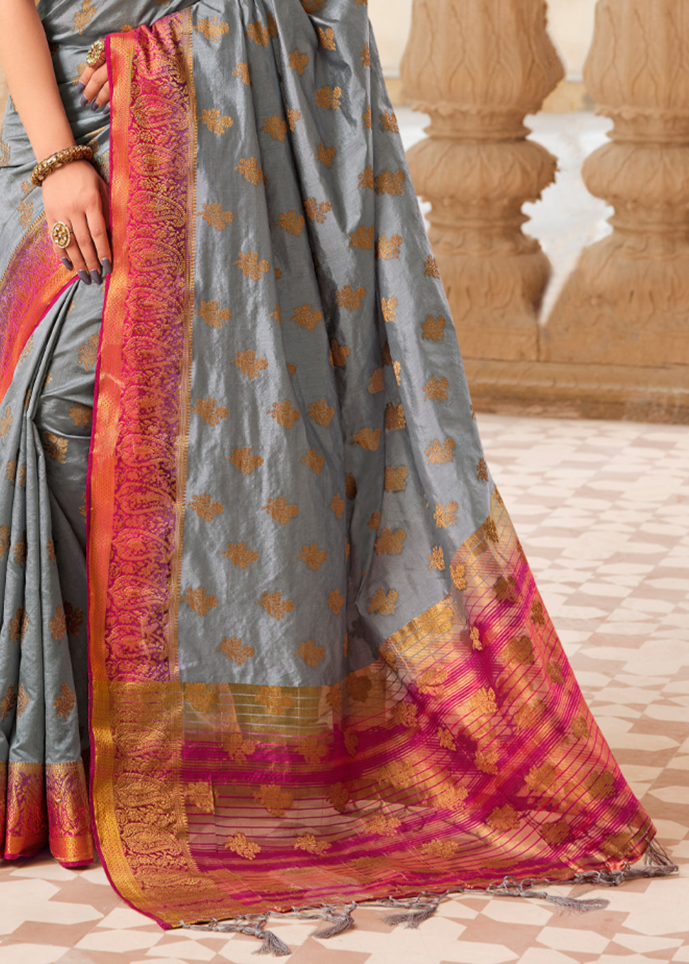 Buy MySilkLove Star Dust Grey Woven Banarasi Raw Silk Saree Online