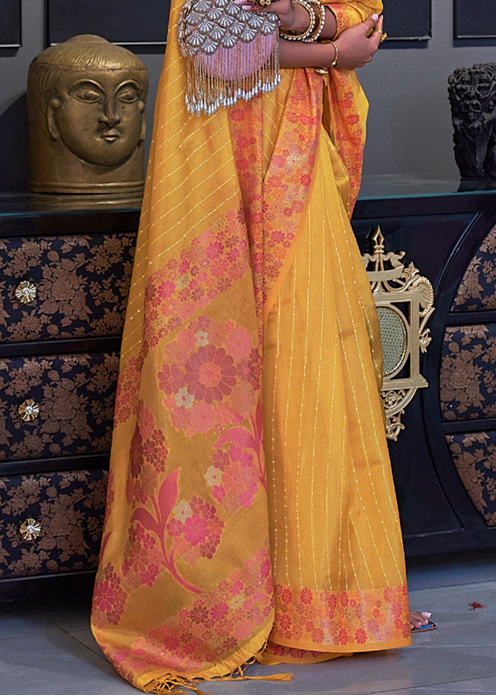 Buy MySilkLove Goldenrod Yellow Woven Dual Tone Organza Banarasi Silk Saree Online