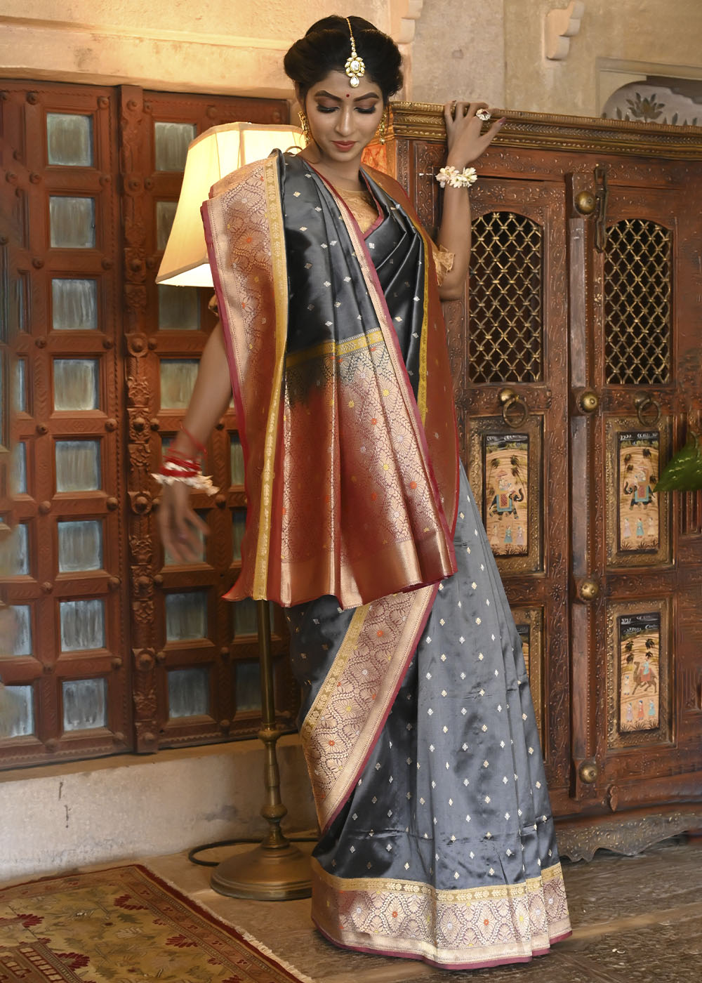 Buy MySilkLove Pewter Grey and Red Katan Pure Silk Handwoven Saree Online