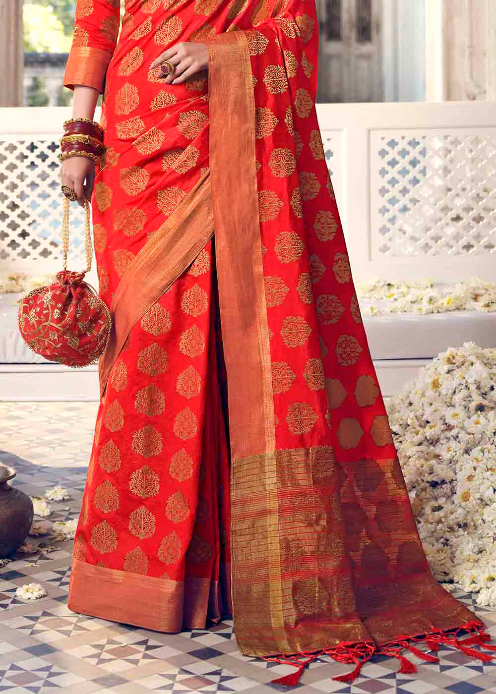 Buy MySilkLove Coral Orange Zari Woven Banarasi Raw Silk Saree Online