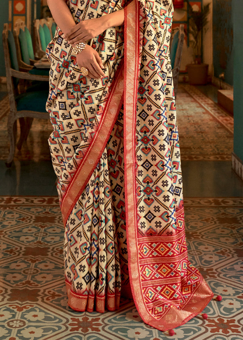 Mojo Beige and Red Woven Patola Silk Saree
