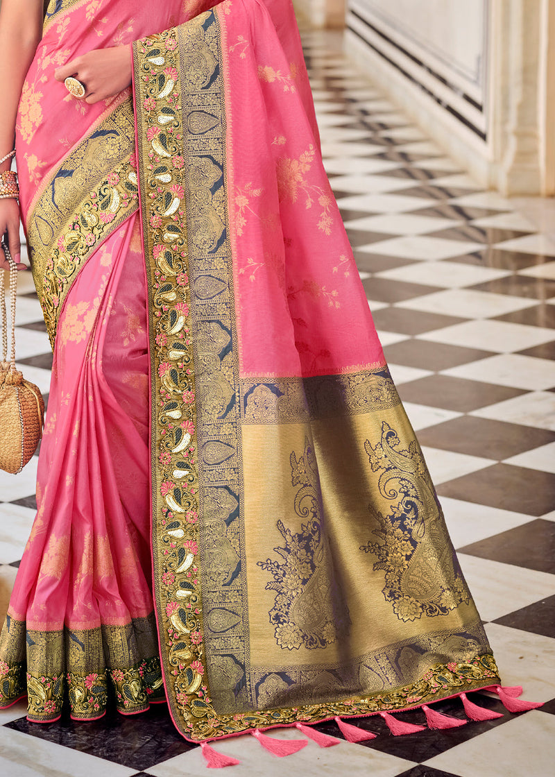 Candy Pink and Grey Zari Woven Designer Banarasi Saree