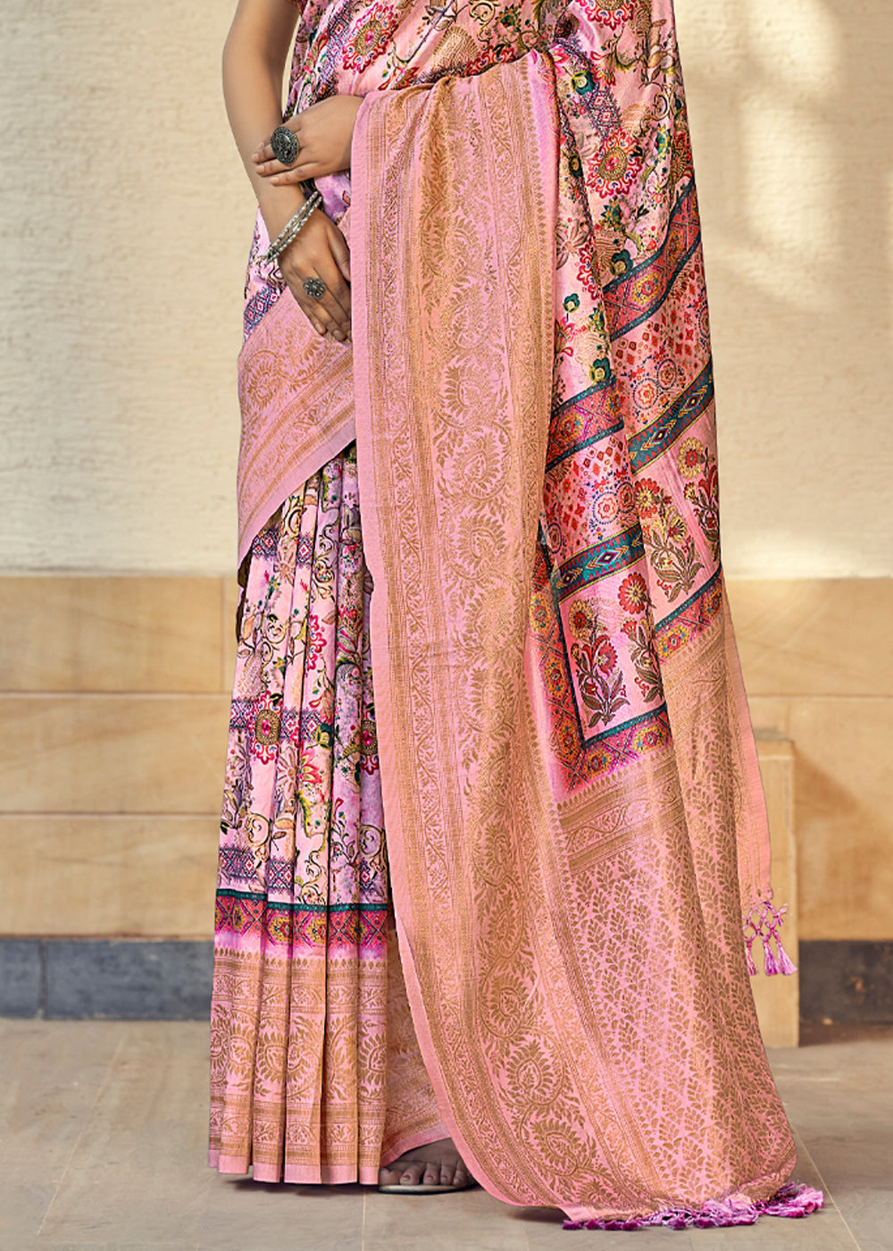 Buy MySilkLove Shimmering Pink Digital Printed Jacquard Silk Saree Online