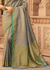 Pale Oyster Grey and Blue Zari Woven Kanjivaram Saree