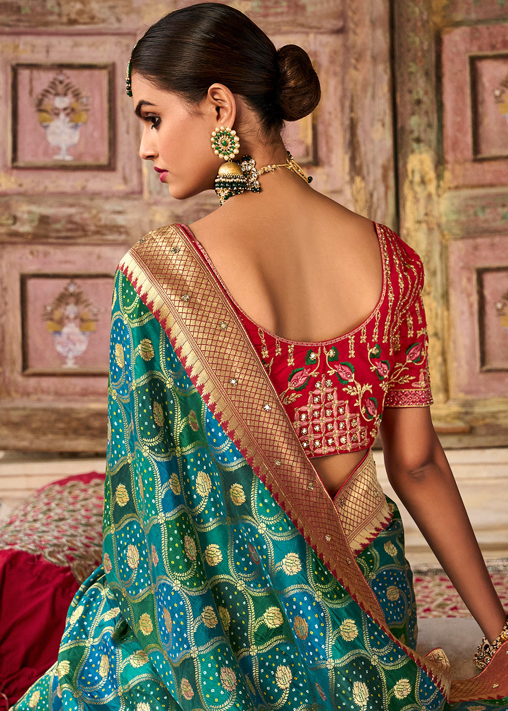 Buy MySilkLove Stromboli Green and Red Patola Printed Dola Silk Saree With Embroidered Blouse Online