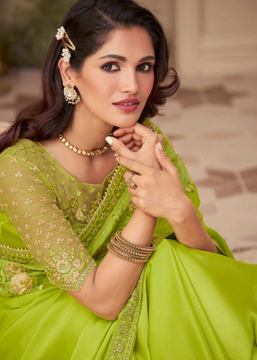 MySilkLove Pistachio Green Georgette Designer Saree with Embroidered Blouse