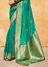 Pine Green and Pink Zari Woven Designer Banarasi Saree
