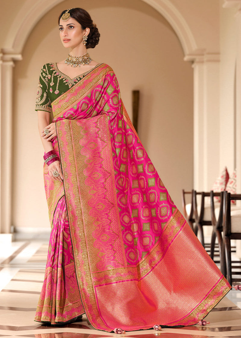 Geraldine Pink and Green Woven Designer Banarasi Silk Saree