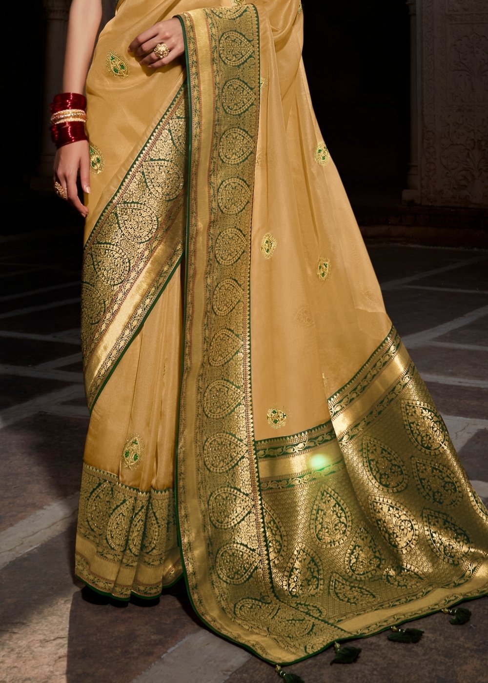 Buy MySilkLove Tussock Cream and Green  Zari Woven Banarasi Silk Saree Online