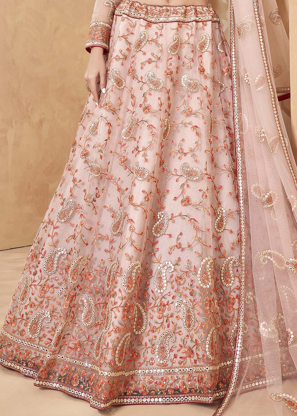 Buy MySilkLove Cavern Pink Designer Net Lehenga with Multi Thread Embroidery Work Online