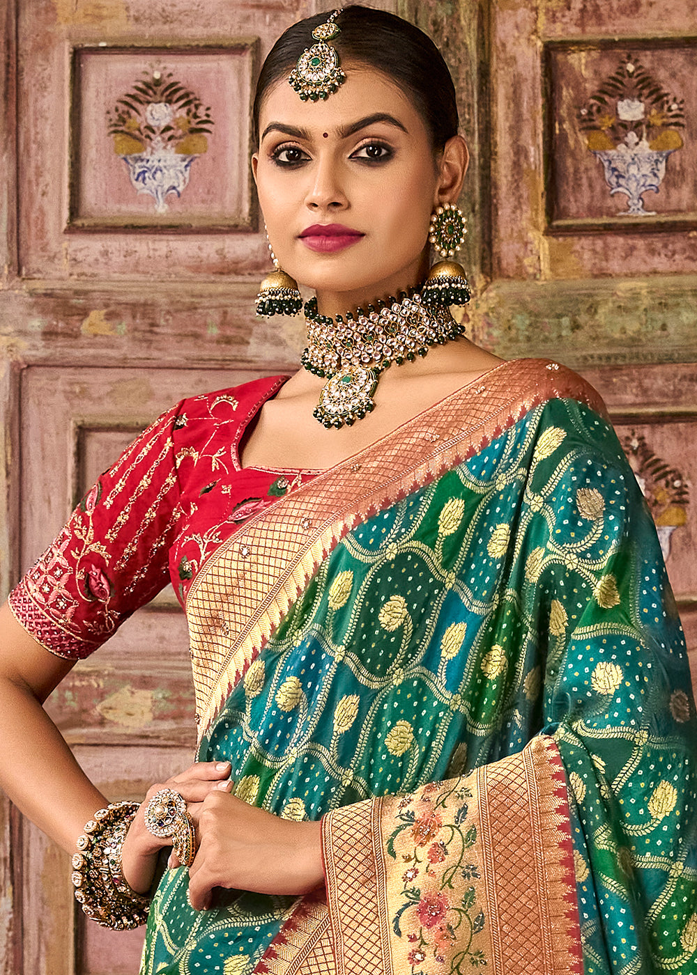 Buy MySilkLove Stromboli Green and Red Patola Printed Dola Silk Saree With Embroidered Blouse Online