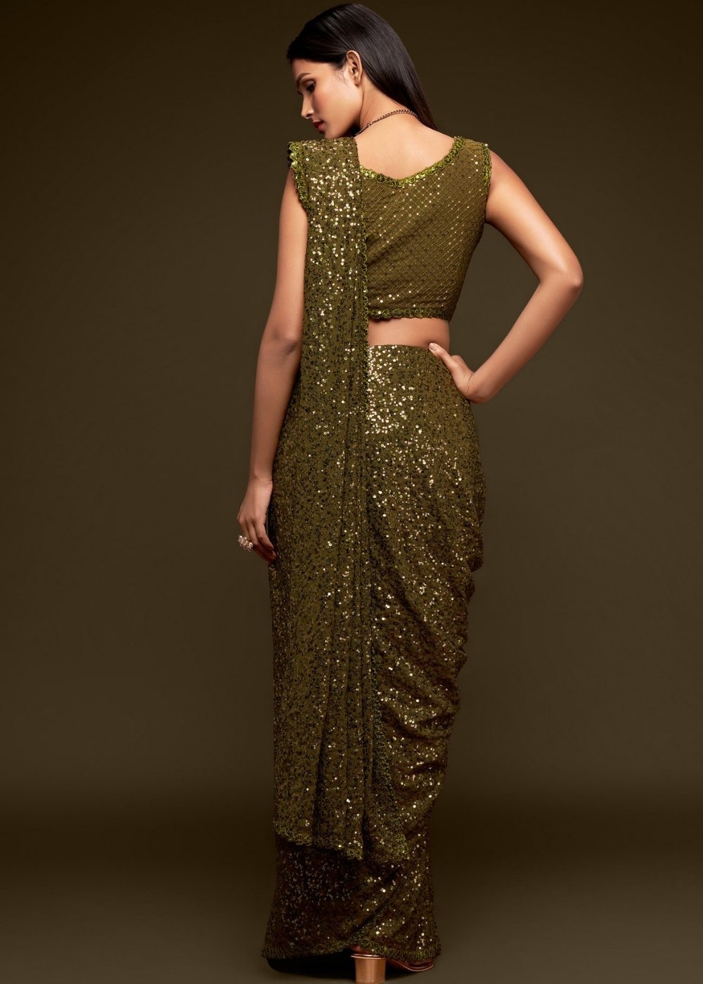 Buy MySilkLove Iroko Green Georgette Partywear Saree Online