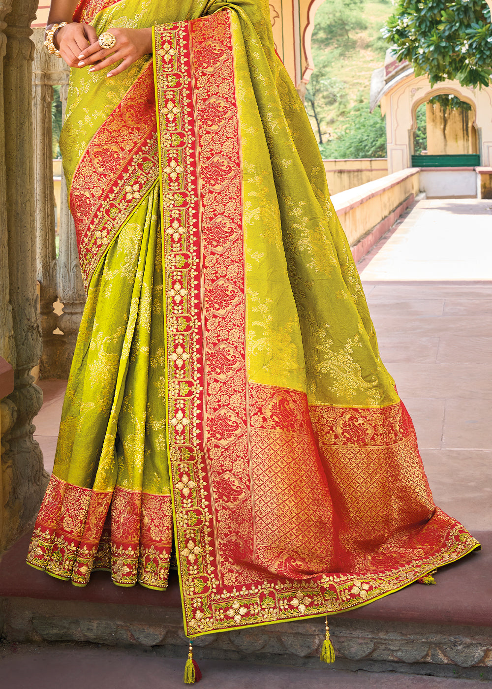 Buy MySilkLove Anzac Green and Red Embroidered Dola Silk Saree Online