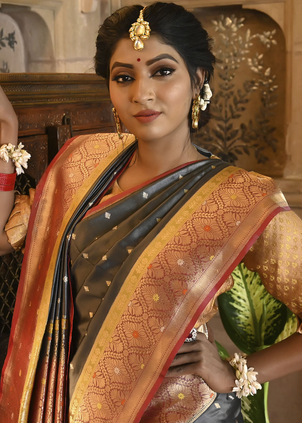 Buy MySilkLove Pewter Grey and Red Katan Pure Silk Handwoven Saree Online