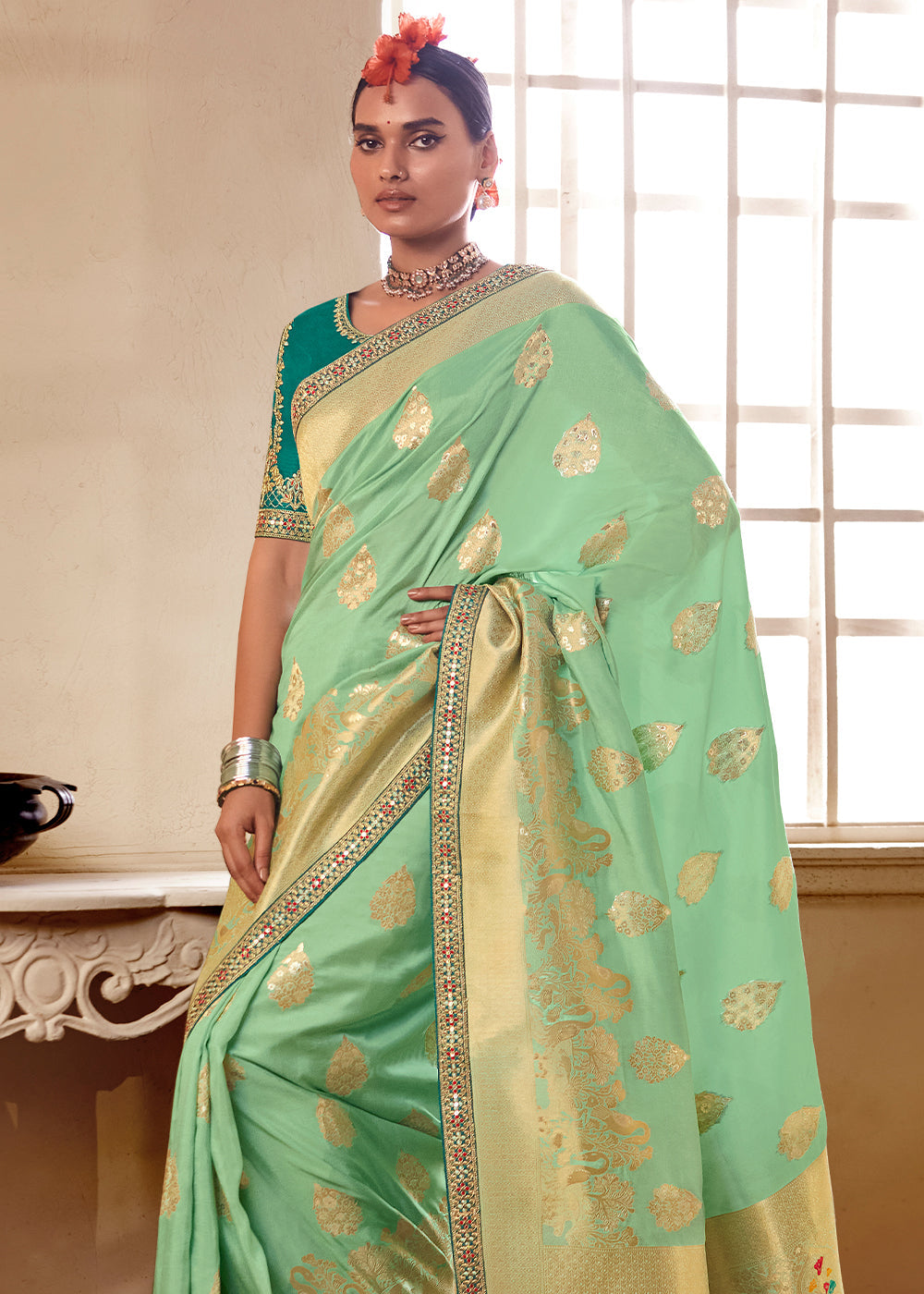 Buy MySilkLove Spring Rain Green Banarasi Saree with Designer Blouse Online