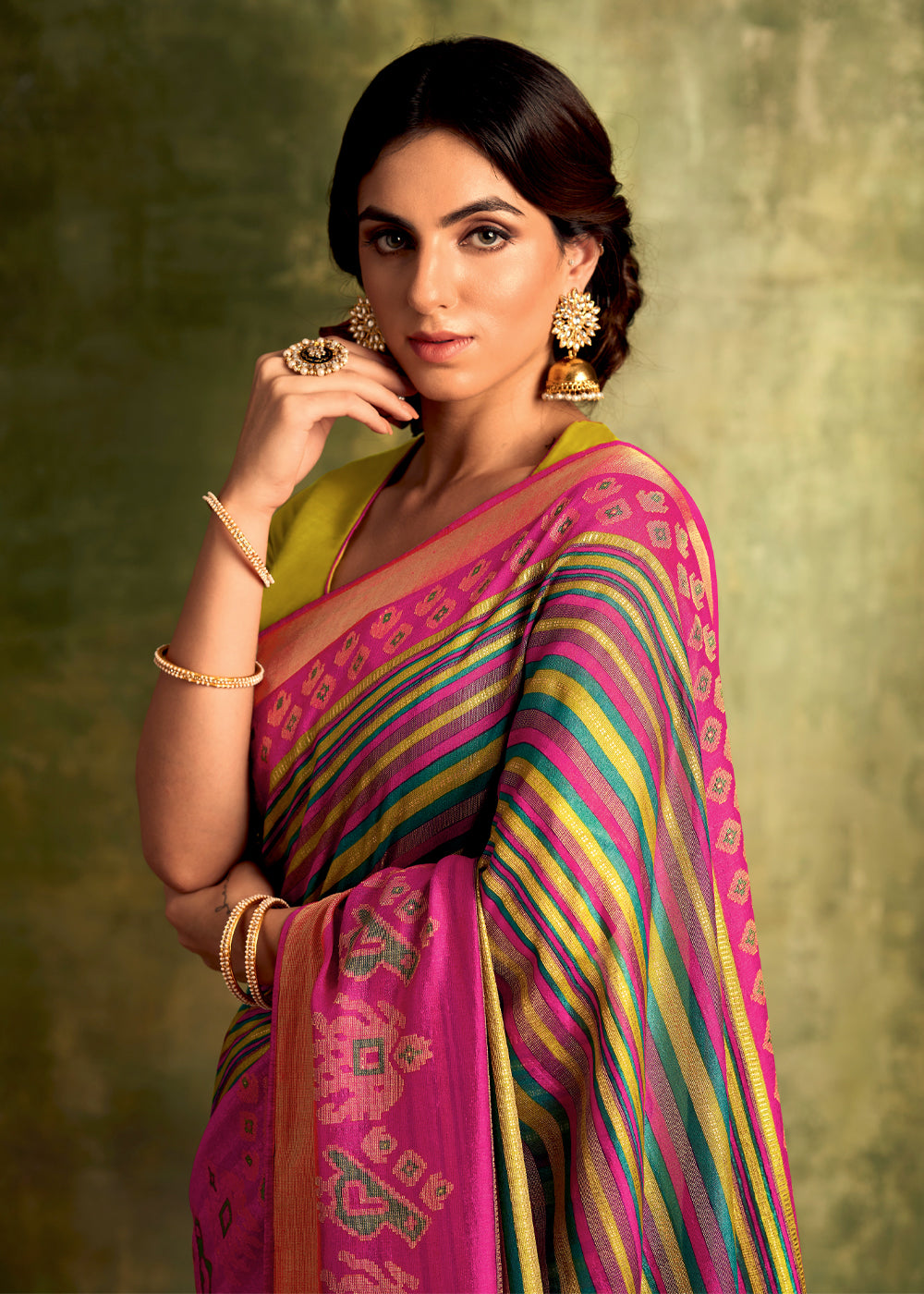 Buy MySilkLove Tulip Pink Green Multicolored Banarasi Printed Saree with Embroidered Blouse Online