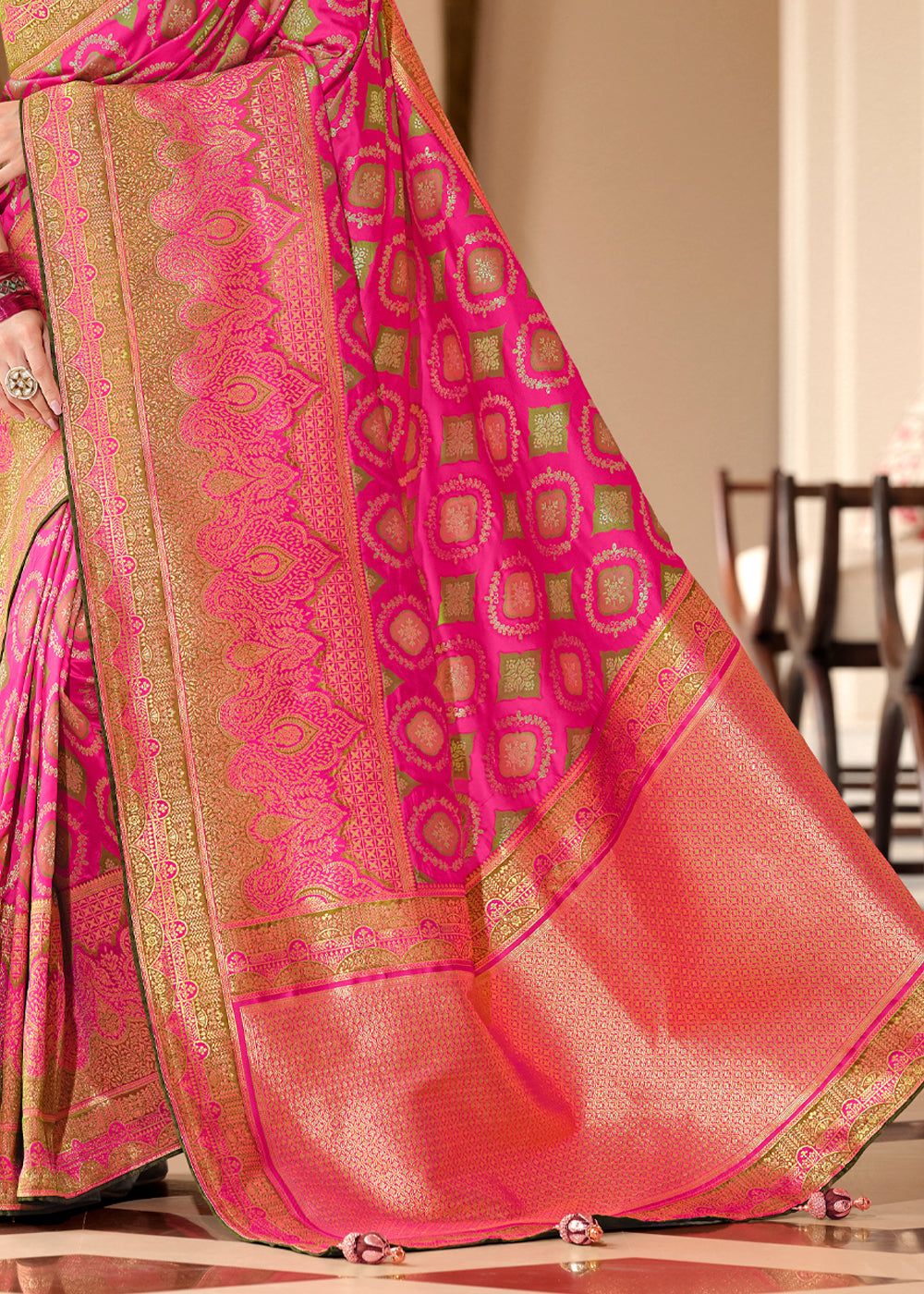 Buy MySilkLove Geraldine Pink and Green Woven Designer Banarasi Silk Saree Online