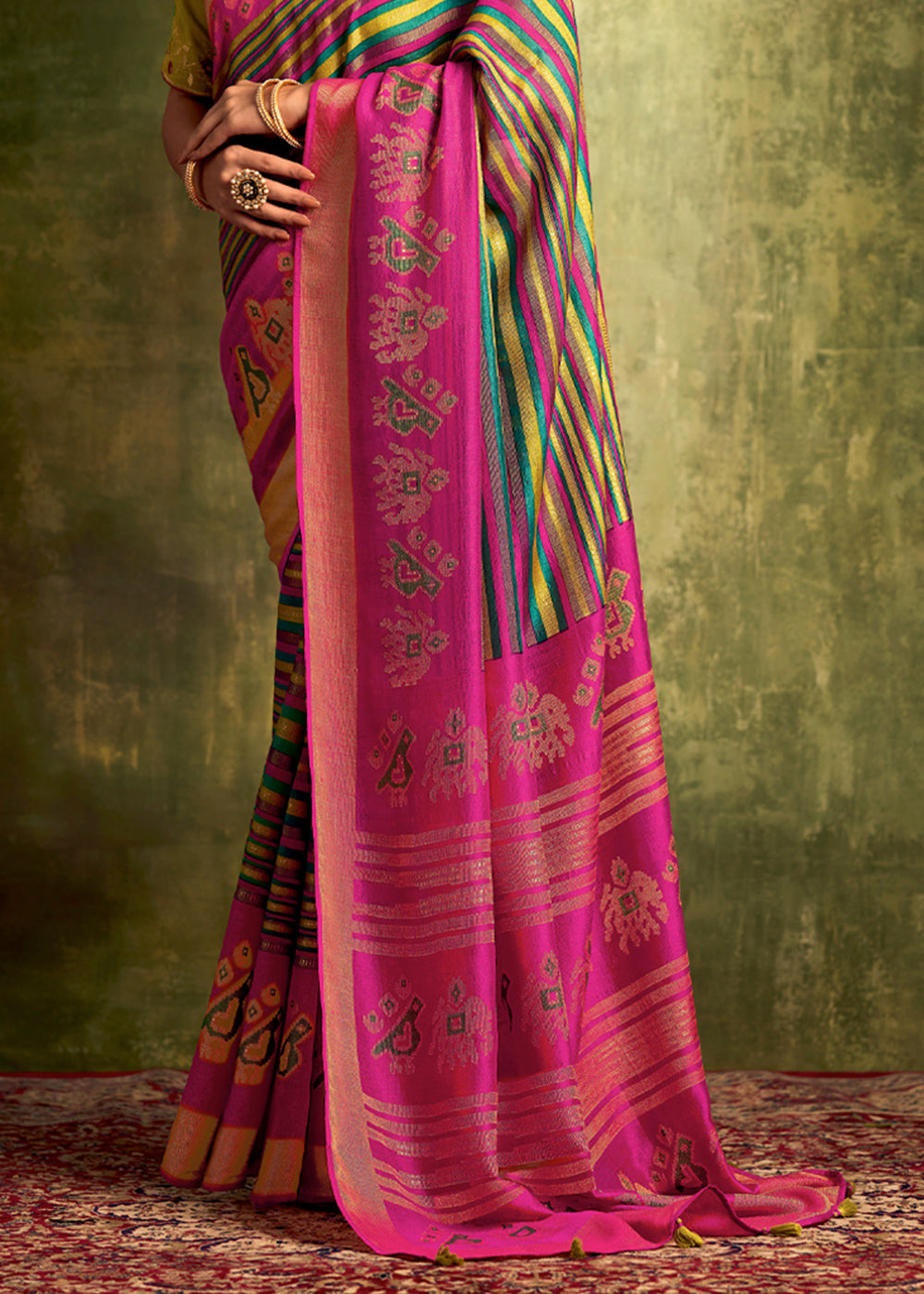 Buy MySilkLove Tulip Pink Green Multicolored Banarasi Printed Saree with Embroidered Blouse Online