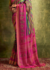Tulip Pink Green Multicolored Banarasi Printed Saree with Embroidered Blouse