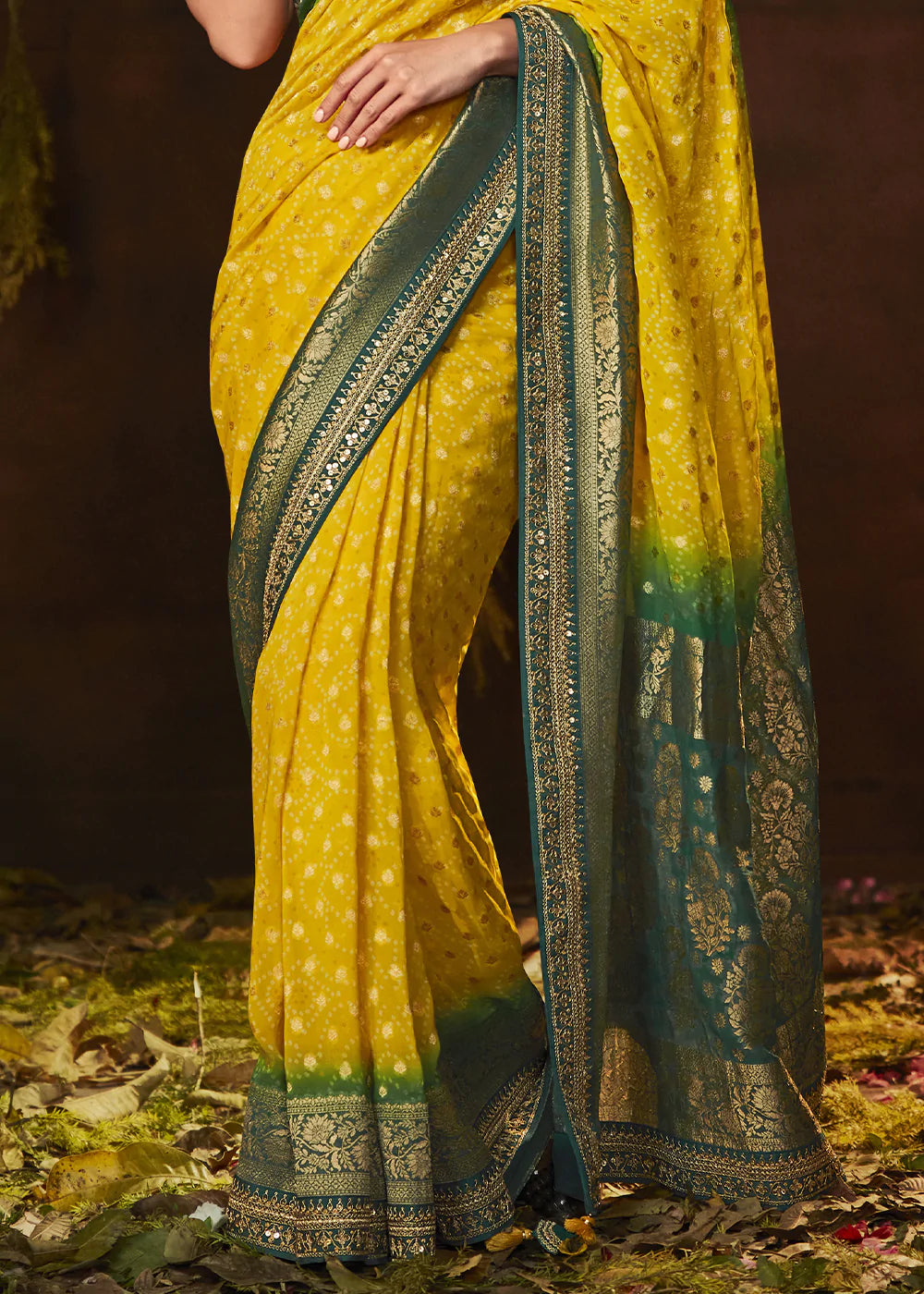 Buy MySilkLove Yellow and Green Handloom Georgette Saree with Embroidered Blouse Online