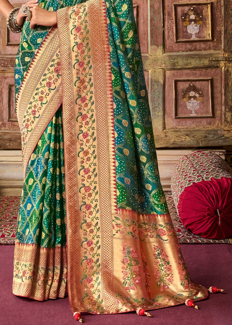 Stromboli Green and Red Patola Printed Dola Silk Saree With Embroidered Blouse