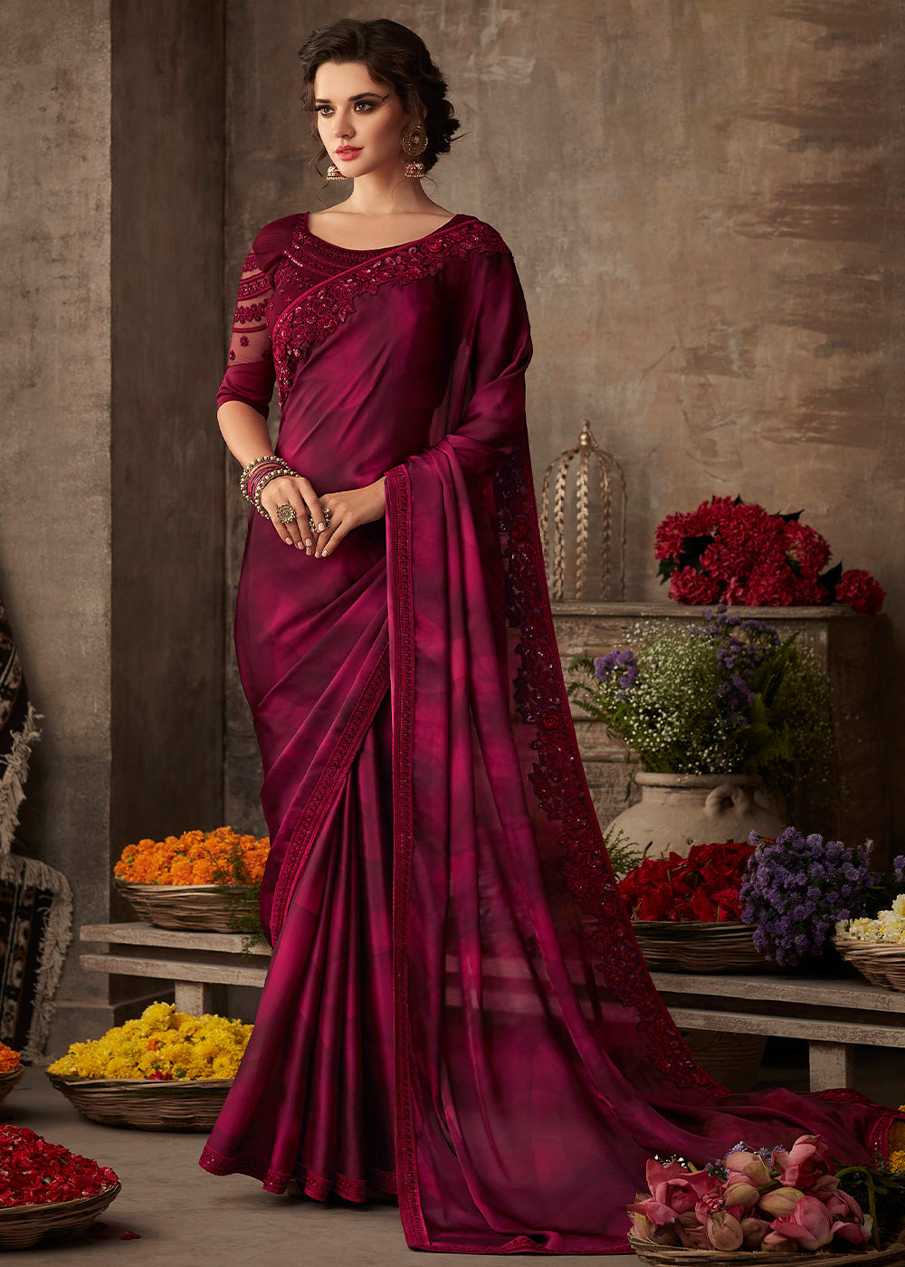 Buy MySilkLove Copper Rust Purple Embroidered Designer Saree Online