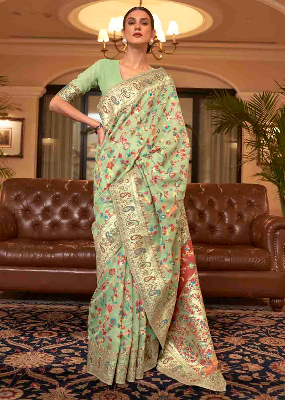 Buy MySilkLove Pine Green Banarasi Jamawar Woven Silk Saree Online