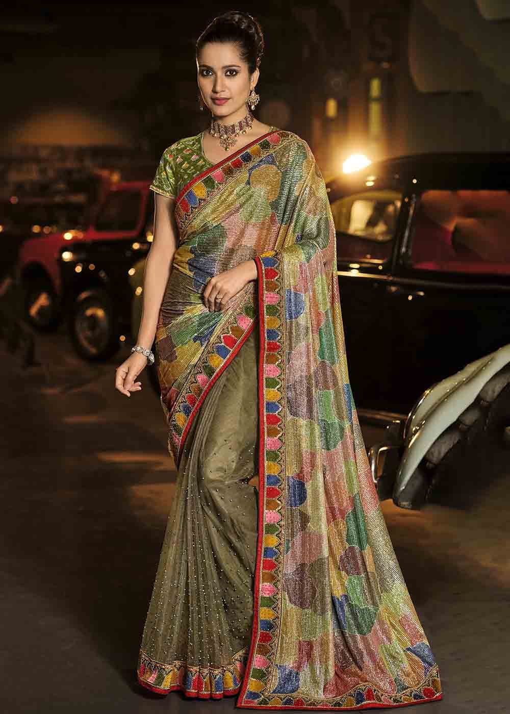 Buy MySilkLove Mongoose Green and Brown Heavy Work Designer Net Saree Online