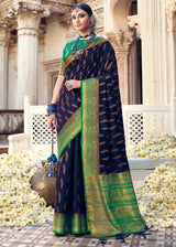 Martinique Blue and Green Zari Woven Banarasi Raw Silk Saree