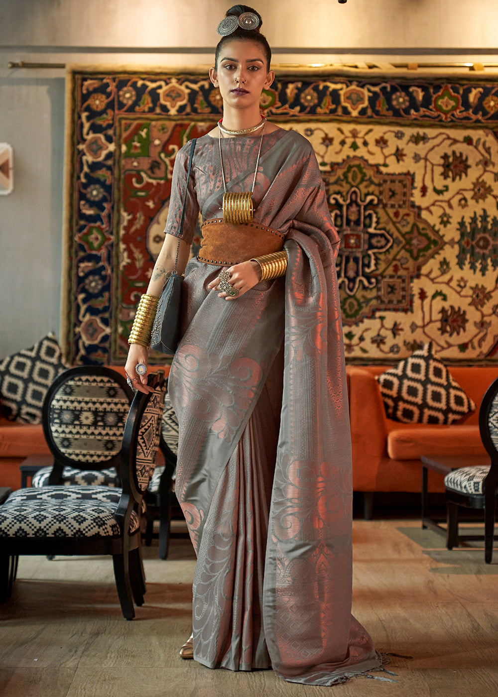 Buy MySilkLove Sandstone Grey Copper Zari Woven Banarasi Saree Online