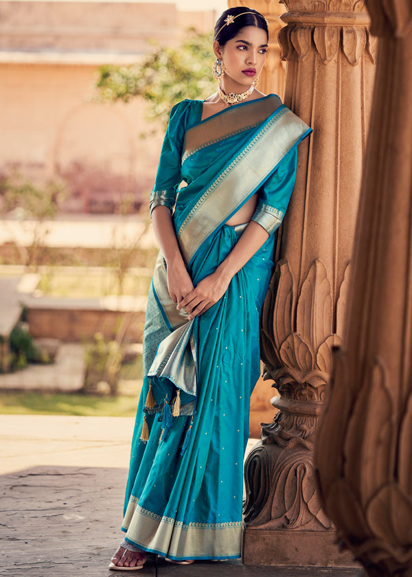 Metallic Seaweed Blue Woven Banarasi Organza Silk Saree – MySilkLove