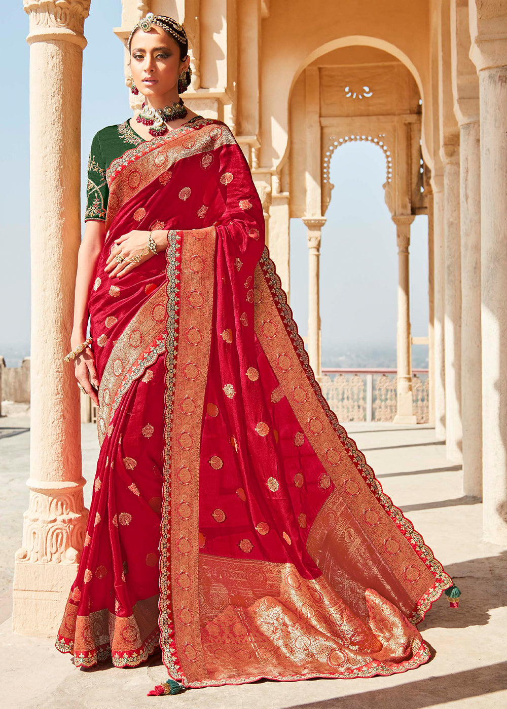 Buy MySilkLove Sweet Red and Green Zari Woven Designer Banarasi Saree Online