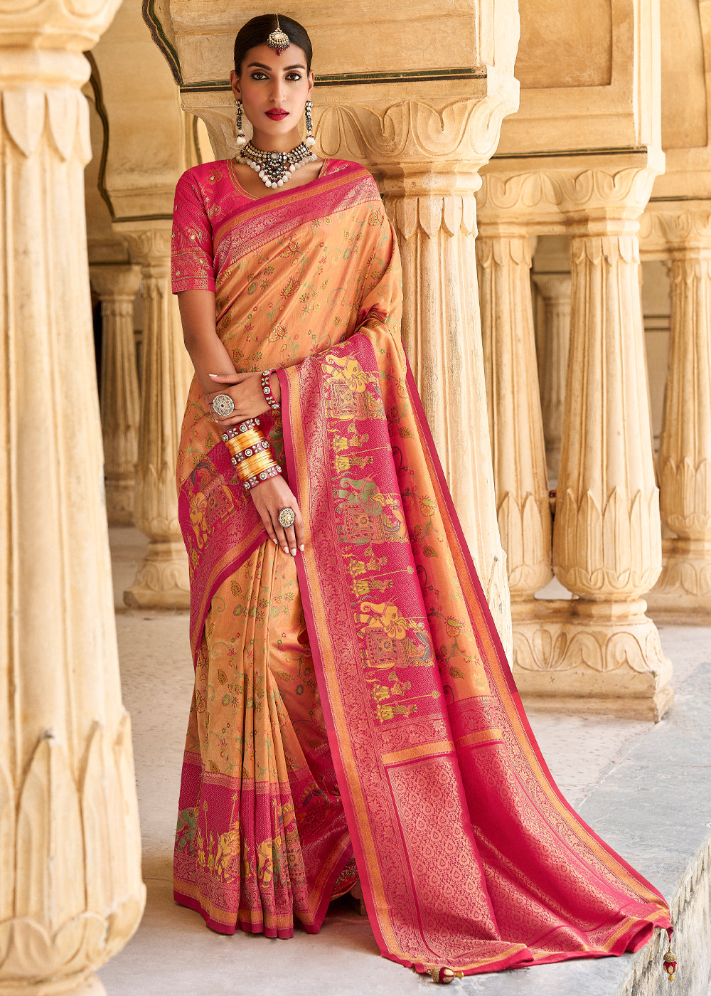 Buy MySilkLove Peach Orange and Red Designer Banarasi Saree Online