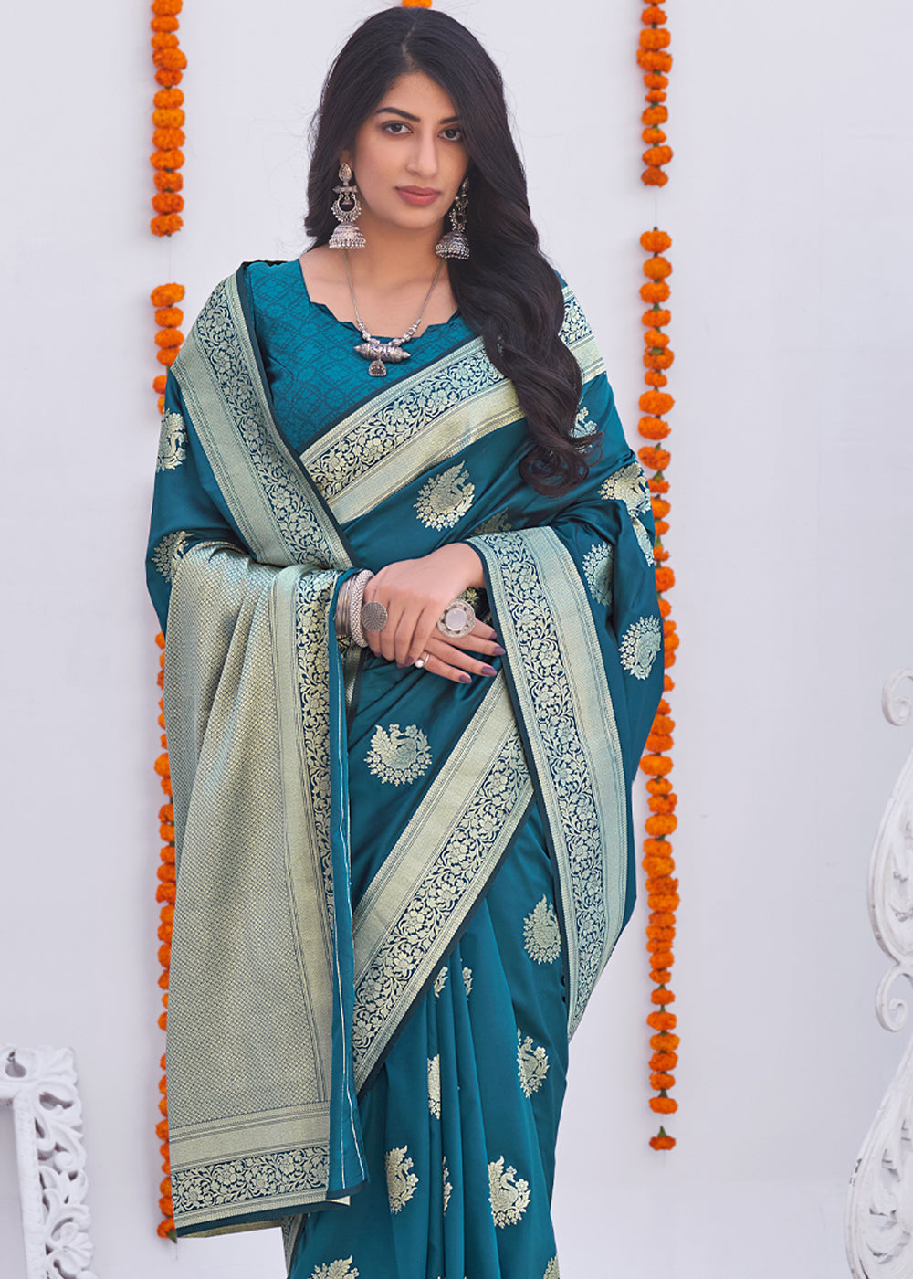 Buy MySilkLove Jelly Bean Blue Zari Woven Banarasi Silk Saree Online