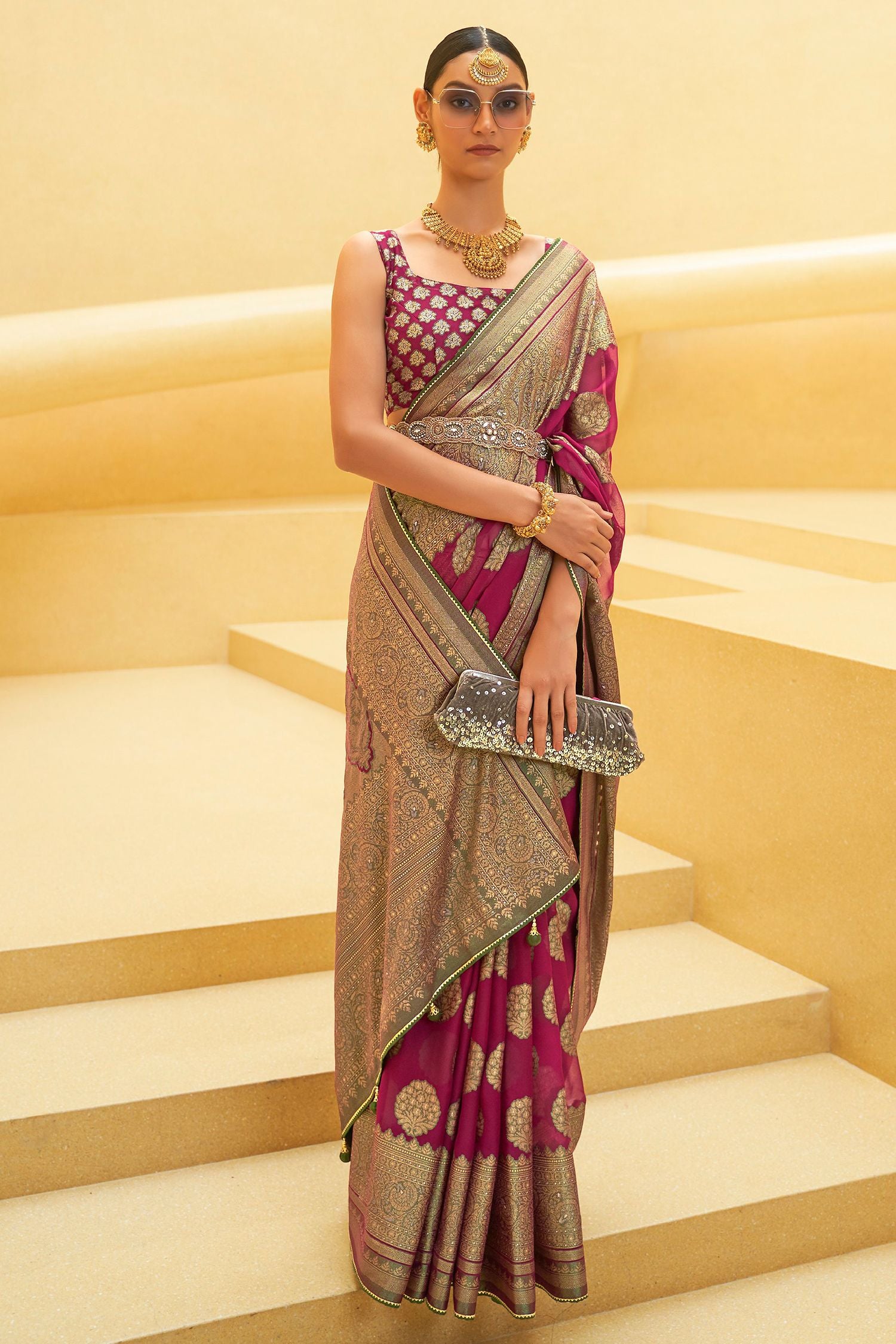 Buy MySilkLove Stiletto Purple and Green Zari Woven Brasso Organza Saree Online