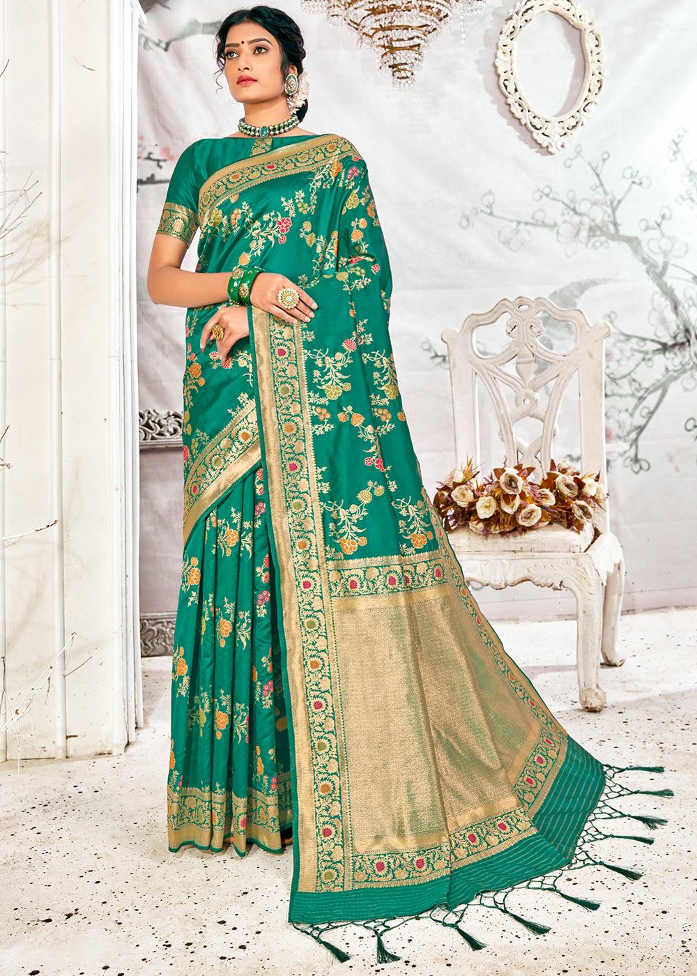 Buy MySilkLove Jade Greenish Blue Zari Woven Banarasi Jamdani Silk Saree Online