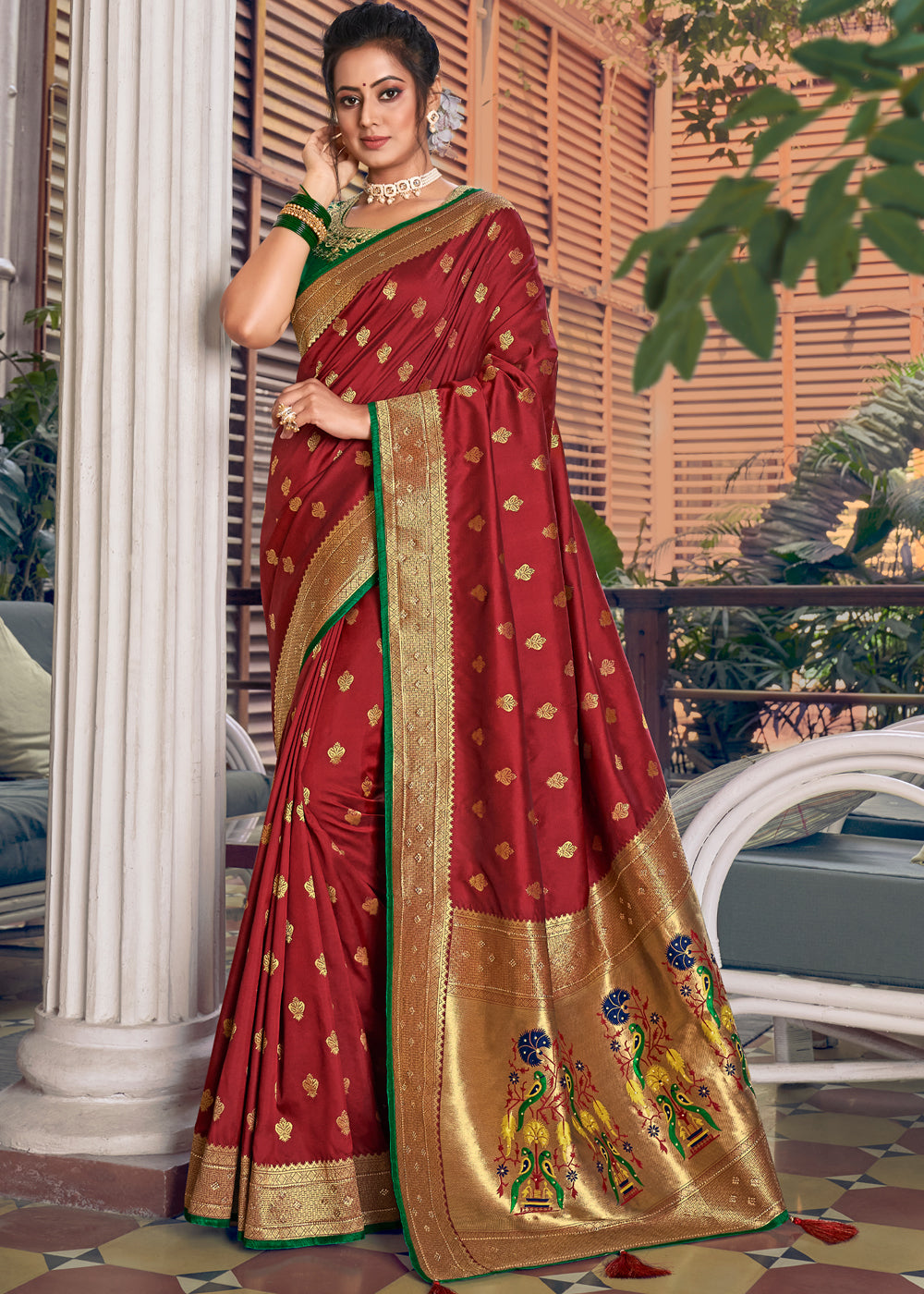 Buy MySilkLove Firebrick Brown and Green Zari Woven Banarasi Brocade Saree Online