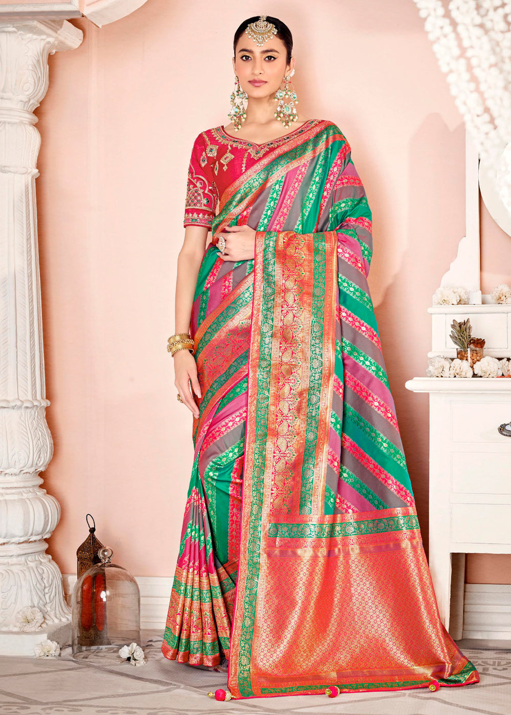 Buy MySilkLove Pine Pink and Green Zari Woven Banarasi Saree with Designer Blouse Online